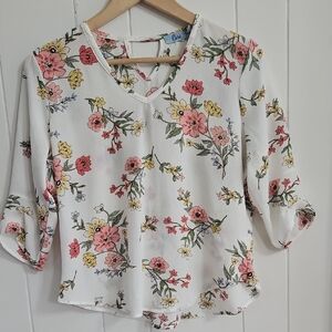 White Floral Blouse Keyhole Neck Lightweight Top Size S